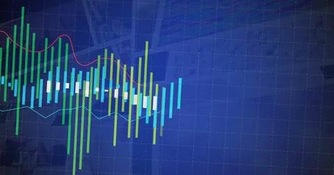 Displaying chart on financial interface, with grid overlay, candlestick bars and Illustrazione stock