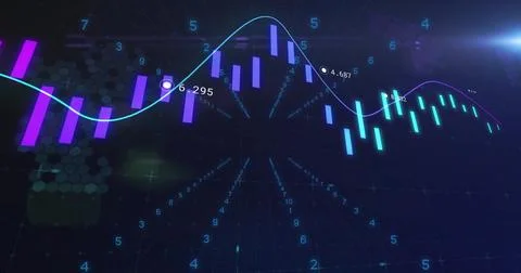 Displaying chart on hex grid, with candlestick bars, curved trend line and Illustrazione stock