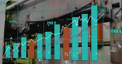 Displaying chart overlay over factory, with turquoise and orange bars, cyan   스톡 사진