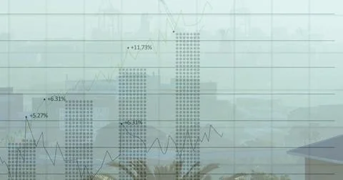 Displaying chart overlay showing dotted columns and trend lines over port Stock Photos
