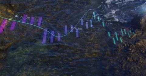 Displaying chart overlaying rocky coast, with purple-teal candlesticks cyan Stock Illustration