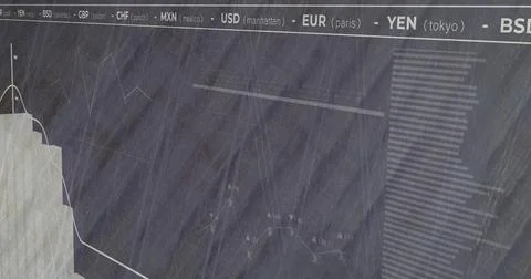 Displaying chart panel on trading-room wall, showing line graphs, stacked bars, Stockillustratie