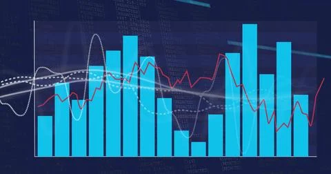 Displaying chart on screen with cyan bars, red line, white dashed lines, axis Stock Photos