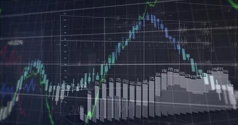 Displaying chart on screen, with green blue line graphs 3D bar chart value 스톡 사진