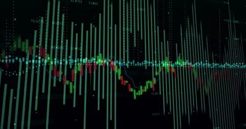 Displaying chart on screen, with teal bars, red and green candlesticks, dotted 스톡 일러스트