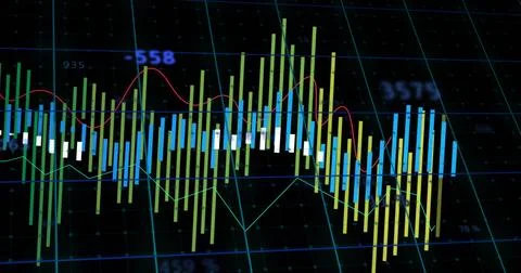 Displaying chart showing bars and trend lines on trading platform, with grid and Stock Illustration