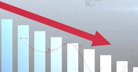 Displaying chart showing downward trend on gray hexagon grid, with gradient bars Stock Illustration