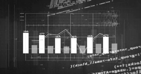 Displaying chart showing six bars, trend line, axis labels and grid on monitor, Ilustración de archivo