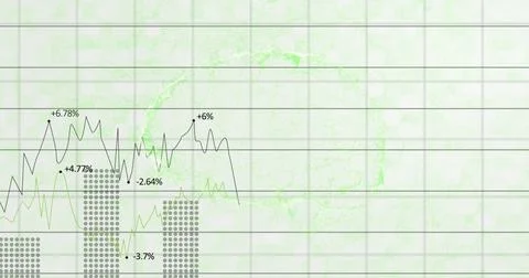 Displaying chart tracing data trends on slide, featuring grid, world map, bars Illustrazione stock