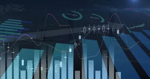 Displaying chart at trading dashboard, with blue bars, white candlesticks and Stock Photos