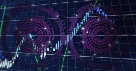 Displaying chart on trading platform with candlesticks, neon green line graph, Illustrazione stock