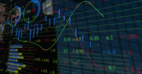 Displaying chart on trading screen showing blue candlesticks, green and red Stock Illustration