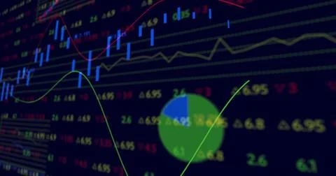 Displaying chart on trading screen, showing blue candlestick bars, line graphs イラスト素材