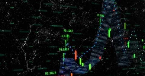 Displaying chart on world map at night, with blue dotted trend line, candlestick Illustrazione stock