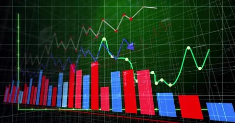 Displaying charting interface, red blue bars, line charts with markers over neon Stock Illustration