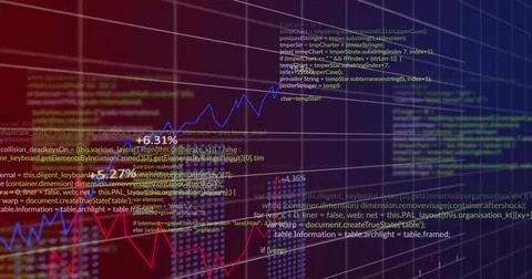 Displaying charts and code on dashboard, showing blue upward line and percent Illustrazione stock