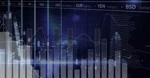 Displaying charts with bar, candlestick, red trend line over city skyline at Illustrazione stock