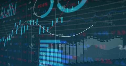 Displaying charts on trading interface: candlestick, bar graph, curved line Stock Photos