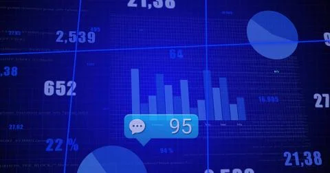 Displaying chat badge showing 95 on blue data dashboard, with bar chart, pie  Stock Illustration