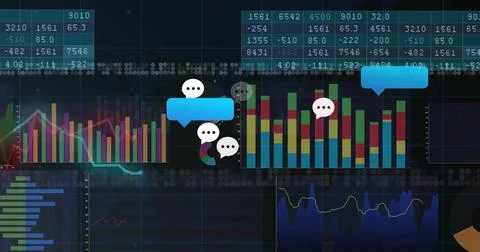 Displaying chat bubble icons with ellipsis on dark grid, bar and line graphs, Illustrazione stock