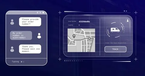 Displaying chat order tracking in tech mockup, with chat window frame, map route Stock Photos
