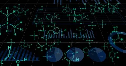 Displaying chemical data on dark grid, showing molecular diagrams, charts, Stock Illustration