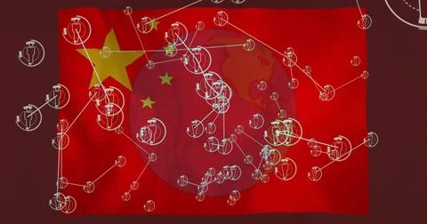 Displaying Chinese flag in illustration, with network of white icons and lines Stock Illustration