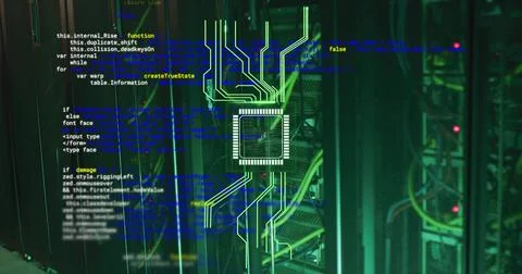 Displaying chip overlay glowing above server racks in data center, with bundled Stock Illustration