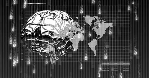 Displaying chrome brain in virtual HUD with dotted map, binary streams, data Foto stock