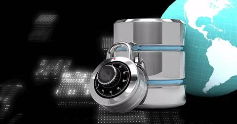 Displaying chrome combo dial padlock on metal server cylinder in cyberspace Stock Photos