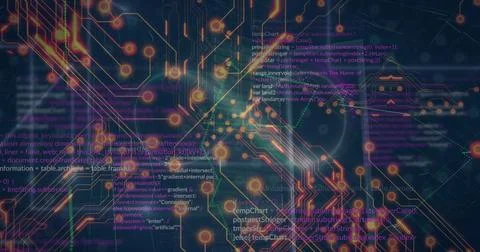 Displaying circuit-and-code visualization in grid space, with copper traces, 스톡 일러스트