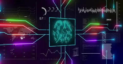 Displaying circuit-brain icon in dashboard with lines linking heatmap, gauge 스톡 일러스트