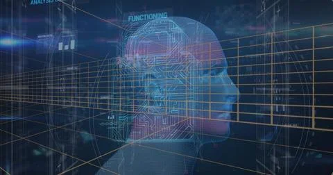 Displaying circuit head silhouette hovering in holographic panel, with grid Stockfoto's