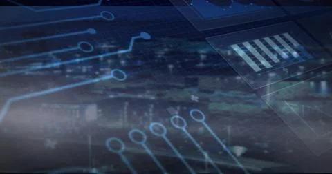 Displaying circuit overlay over night city skyline with blue traces, bar charts Stock Illustration