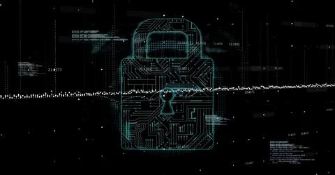 Displaying circuit padlock on screen, with dotted waveform, numeric data Stock Photos