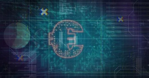 Displaying circuit-patterned euro symbol in digital dashboard, with grid overlay 스톡 사진