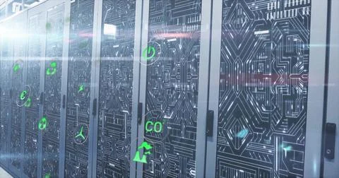 Displaying circuit patterned server cabinets lining data center aisle, neon Stockfoto's
