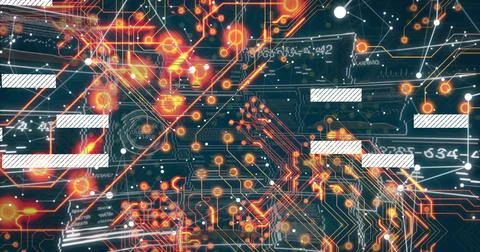 Displaying circuit schematic centered in frame, with copper traces, glowing Illustrazione stock