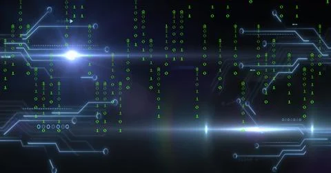 Displaying circuit traces merging with falling green binary digits on digital 스톡 사진