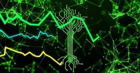 Displaying circuit-tree graphic connecting network nodes in digital grid, with イラスト素材