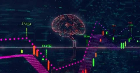 Displaying circuitry brain icon connecting axis in cyberspace, with candlestick Stock Photos
