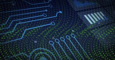 Displaying circuitry pattern in interface with board traces, chip outlines an 写真素材