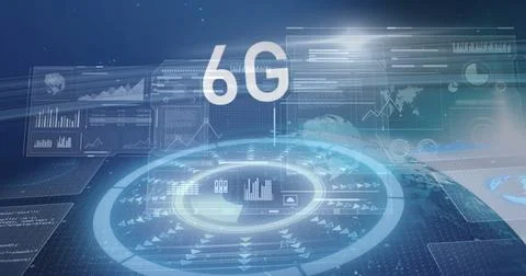 Displaying circular 6G interface floating in virtual network with data panels Stock Photos