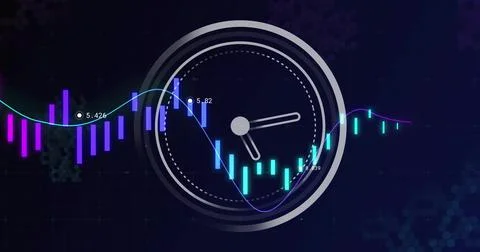 Displaying circular analog clock overlaying dashboard, with bar charts, line Stock Photos