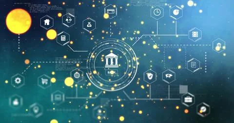 Displaying circular banking interface linking hexagonal icons on teal network, Stock Illustration