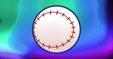 Displaying circular baseball icon on green-purple gradient with red stitches and Stock Illustration