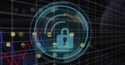 Displaying circular blue HUD with padlock, concentric dotted rings on glass, Illustrazione stock