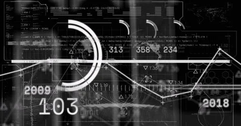 Displaying circular chart in HUD overlay, showing rising line graph, numeric Foto stock