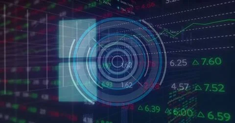 Displaying circular data HUD overlay on finance screen, with stock ticker Stock Photos