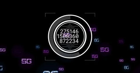 Displaying circular data interface on screen, with numeric readouts and floating Stock Photos